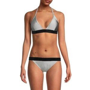 CALVIN KLEIN Swimsuit 2-Piece Logo Bikini Set Platinium Silver Triangle Halter L